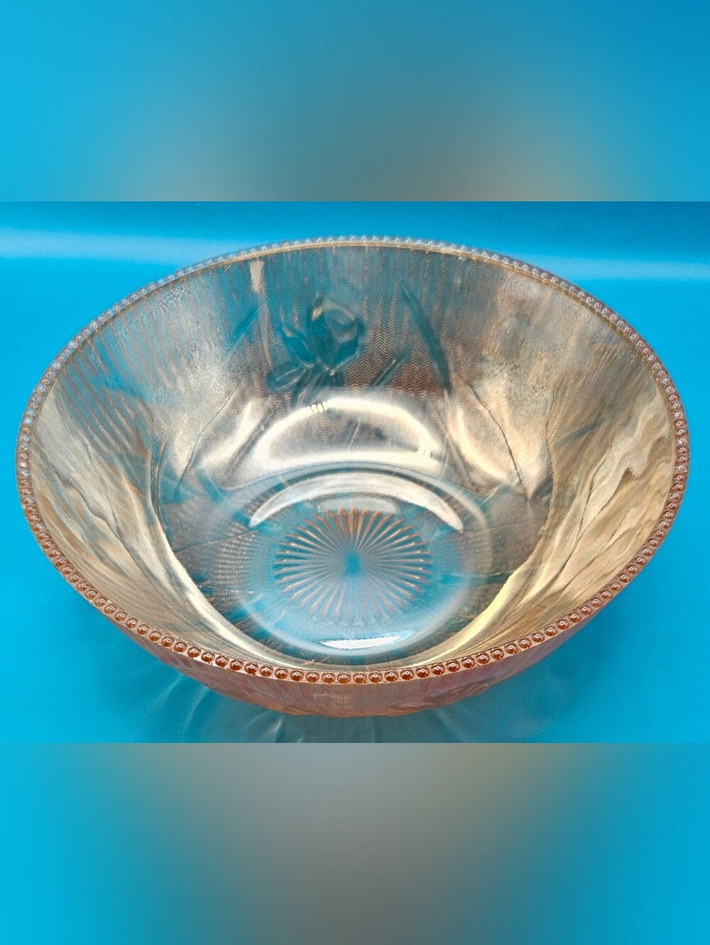 Vintage Jeannette Glass Iris & Herringbone Beaded Edge Iridescent 8" Bowl